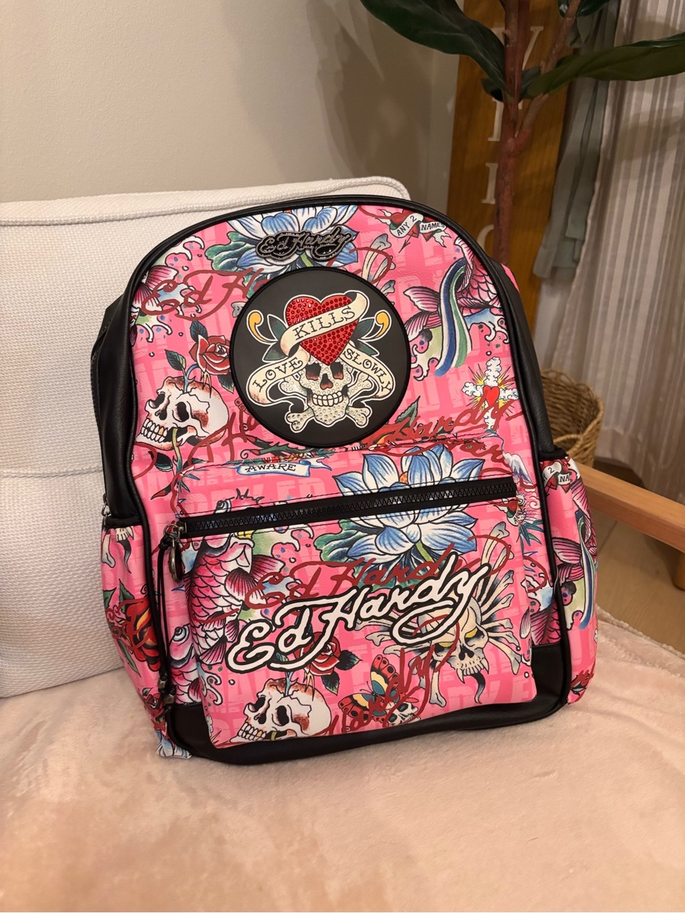Ed Hardy Pink Floral Skull Tattoo Backpack